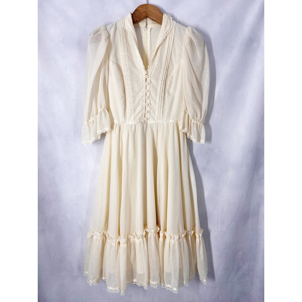 Vintage Handmade Cream Pearl Button Tie Back Puff Sleeve Dress Cottagecore
